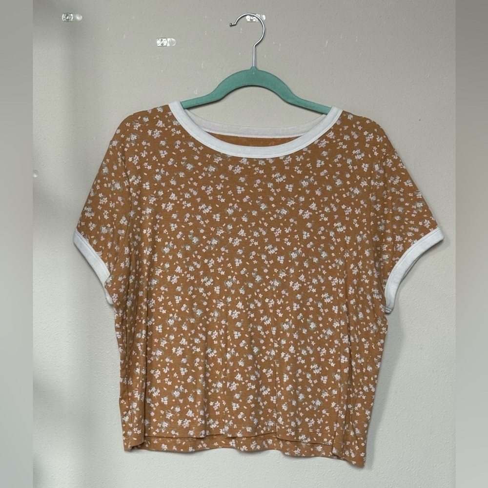 Mustard yellow and cream calico floral print crop top, sz xxxl